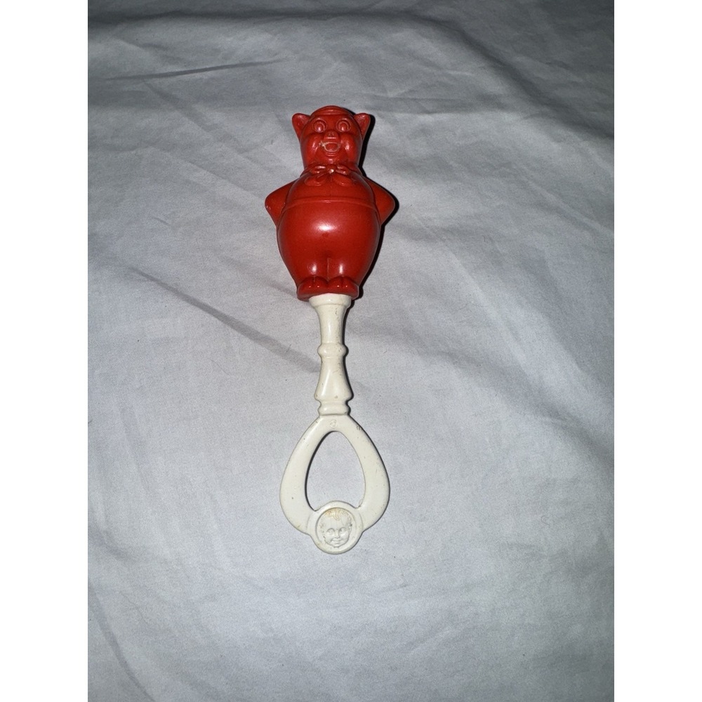 Vtg Amloid Red Porky Pig Celluloid Baby Rattle Circa Late 1930's – 1940 Damaged